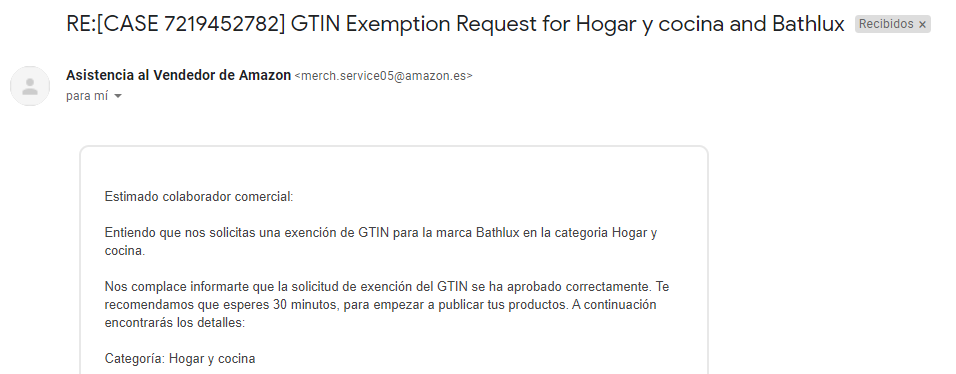 Correo que te llegará al ser aprobada tu solicitud de exención de GTIN